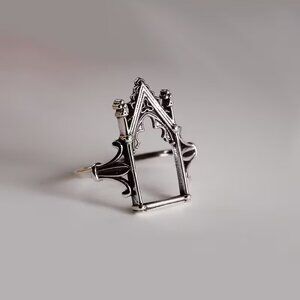 Silver Toned Castle Fairy Door Ornate Baroque Adjustable Ring